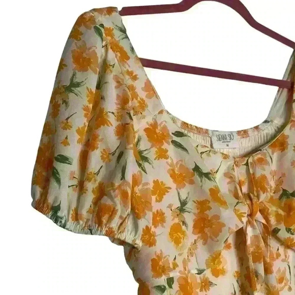 Sienna Sky Tangerine,  floral, scoop neck to tie, flowy, Mini Dress. Size Medium - Picture 7 of 8